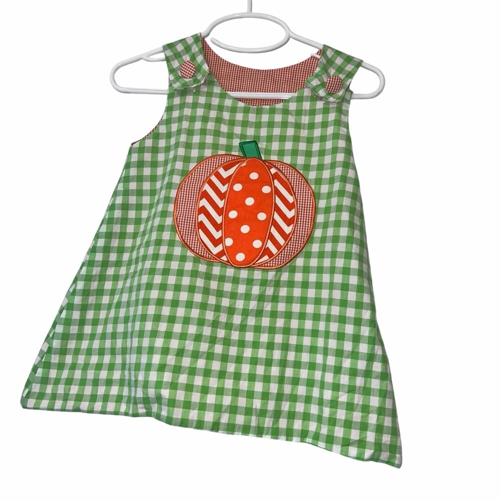Kelly kids reversible jumper dress Green Pumpkin orange gingham turkey 12-18m